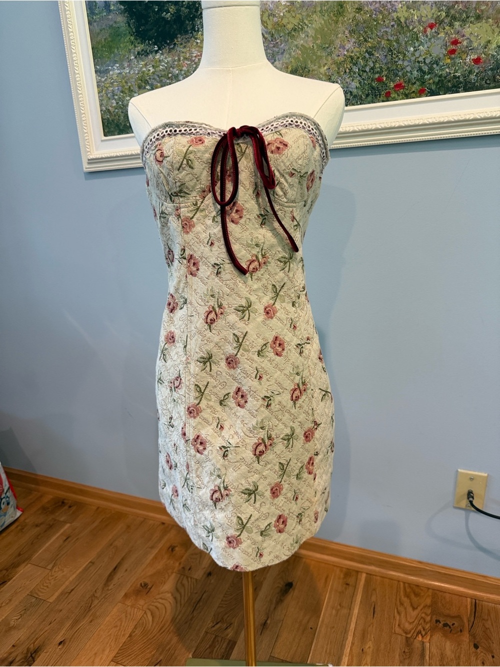 Strapless Floral Lace Mini Dress with Burgundy Tie